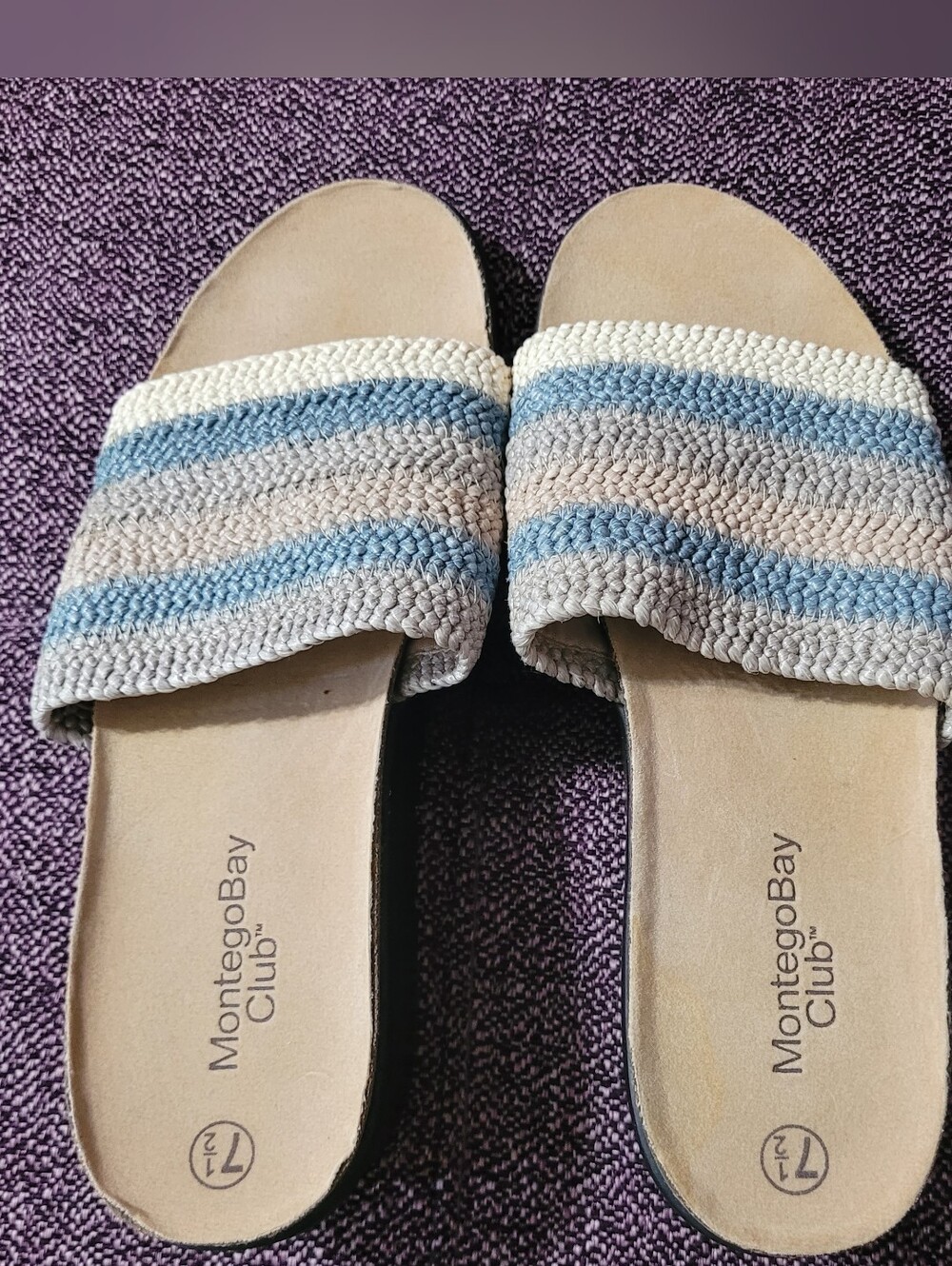 Montego Bay Club Striped Slide Sandals Size 7.5 Blue Gray Cream Comfort Slides